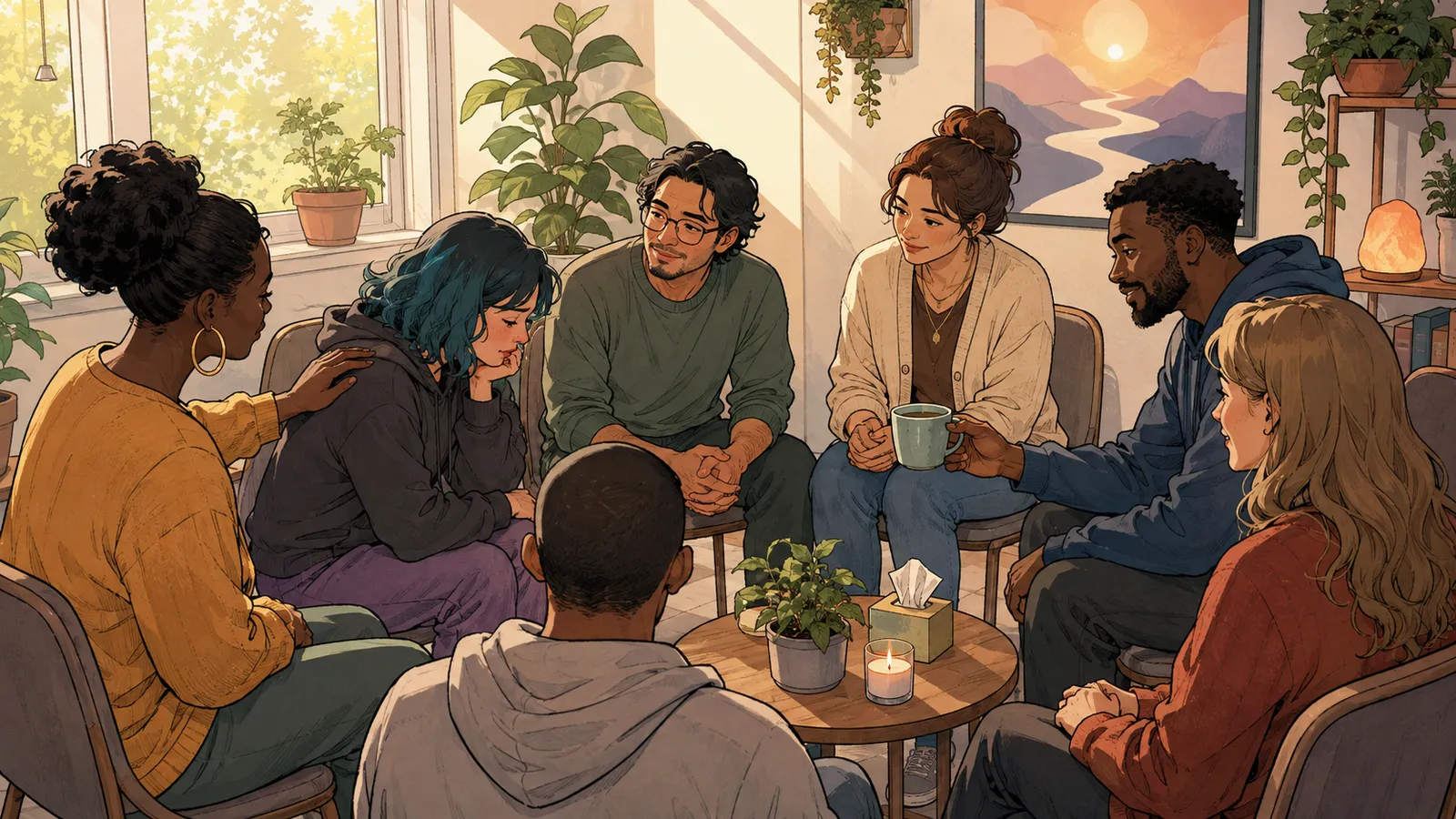 Illustration einer zugewandten Gesprächsrunde.